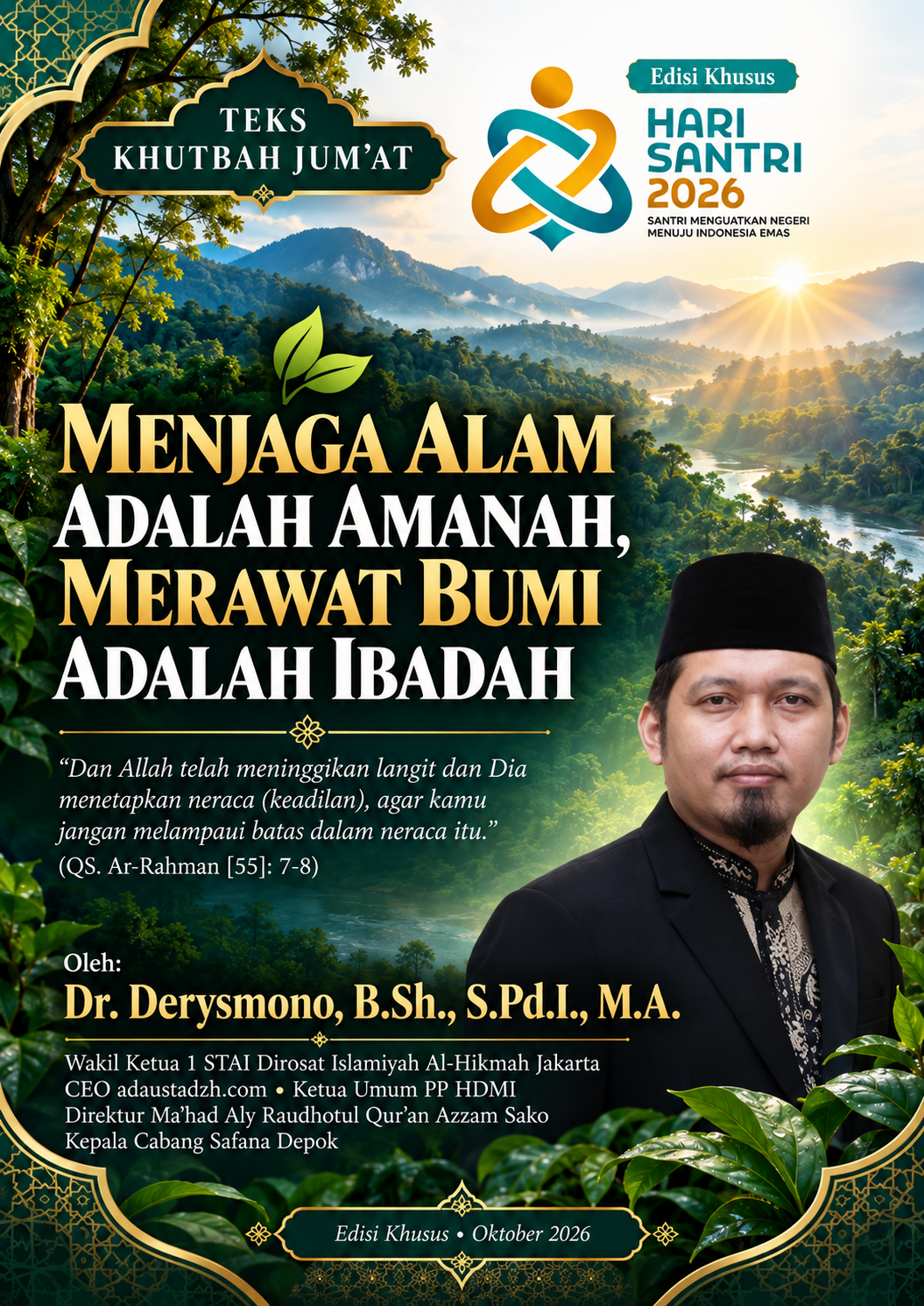 TEKS KHUTBAH JUM’AT MENJAGA ALAM ADALAH AMANAH, MERAWAT BUMI ADALAH IBADAH   Oleh: Dr. Derysmono, B.Sh., S.Pd.I., M.A.